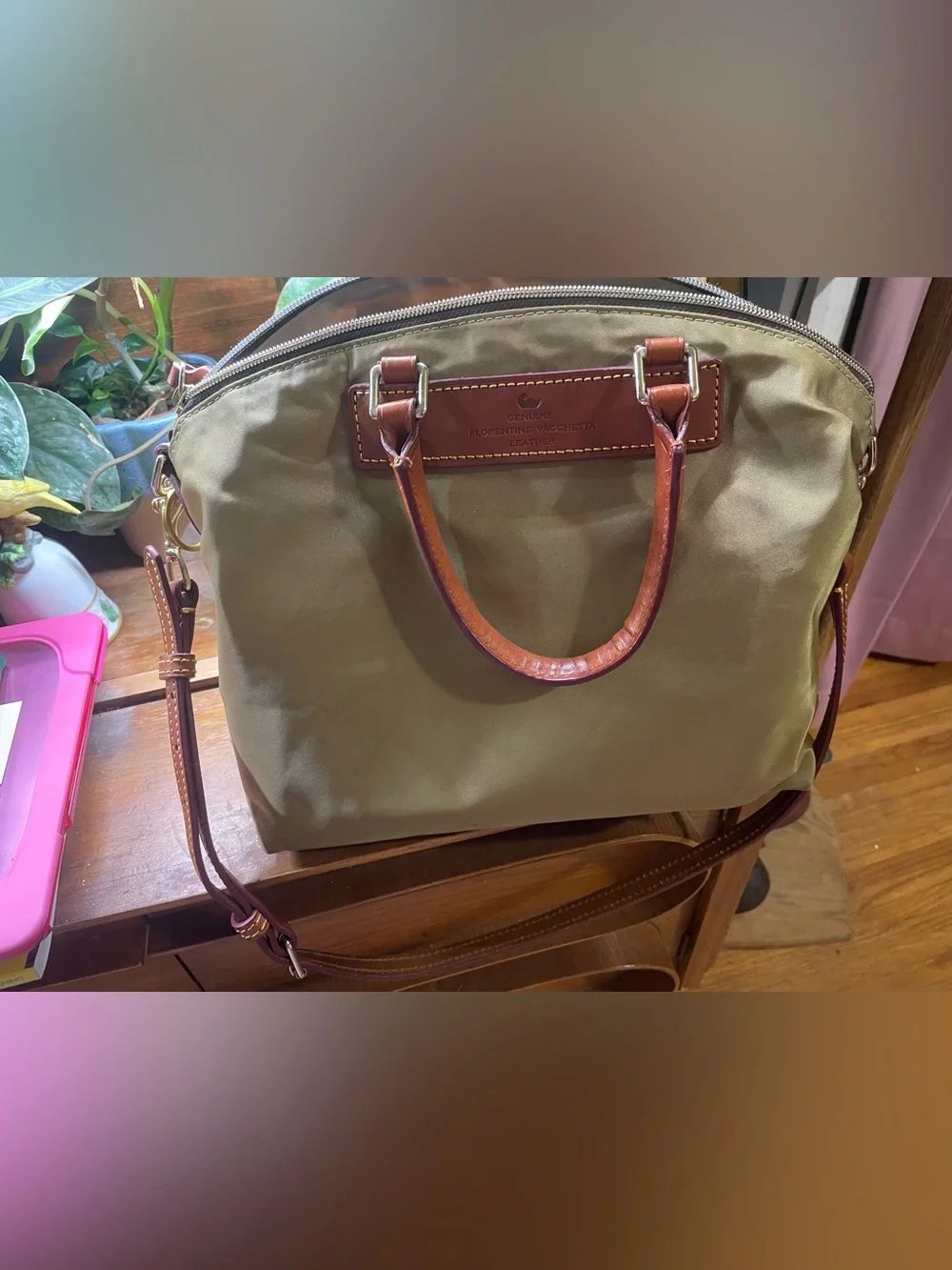 Dooney & Bourke Olive and Brown Leather Satchel With Purple Trim